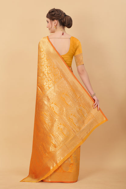 Kanjivaram Silk Saree  With Rich golden Zari Wooven  Pallu & Zari weawing Border With Beautiful Zari motifs weawing  all over the Saree