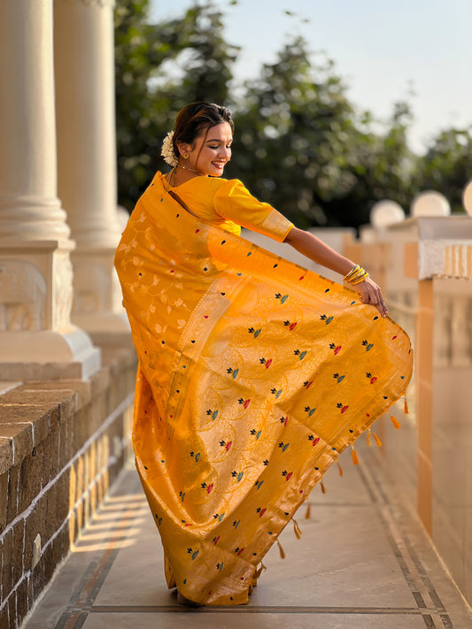 Yellow Color Soft Banarasi Silk Saree With Minakari Zari, Rich Pallu With Tassels