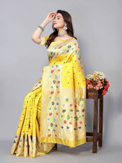 KeKoVi Black Floral Soft Silk Saree with Silver Woven Border & Unstitched Blouse | Party Wear | Wedding & Festive Saree