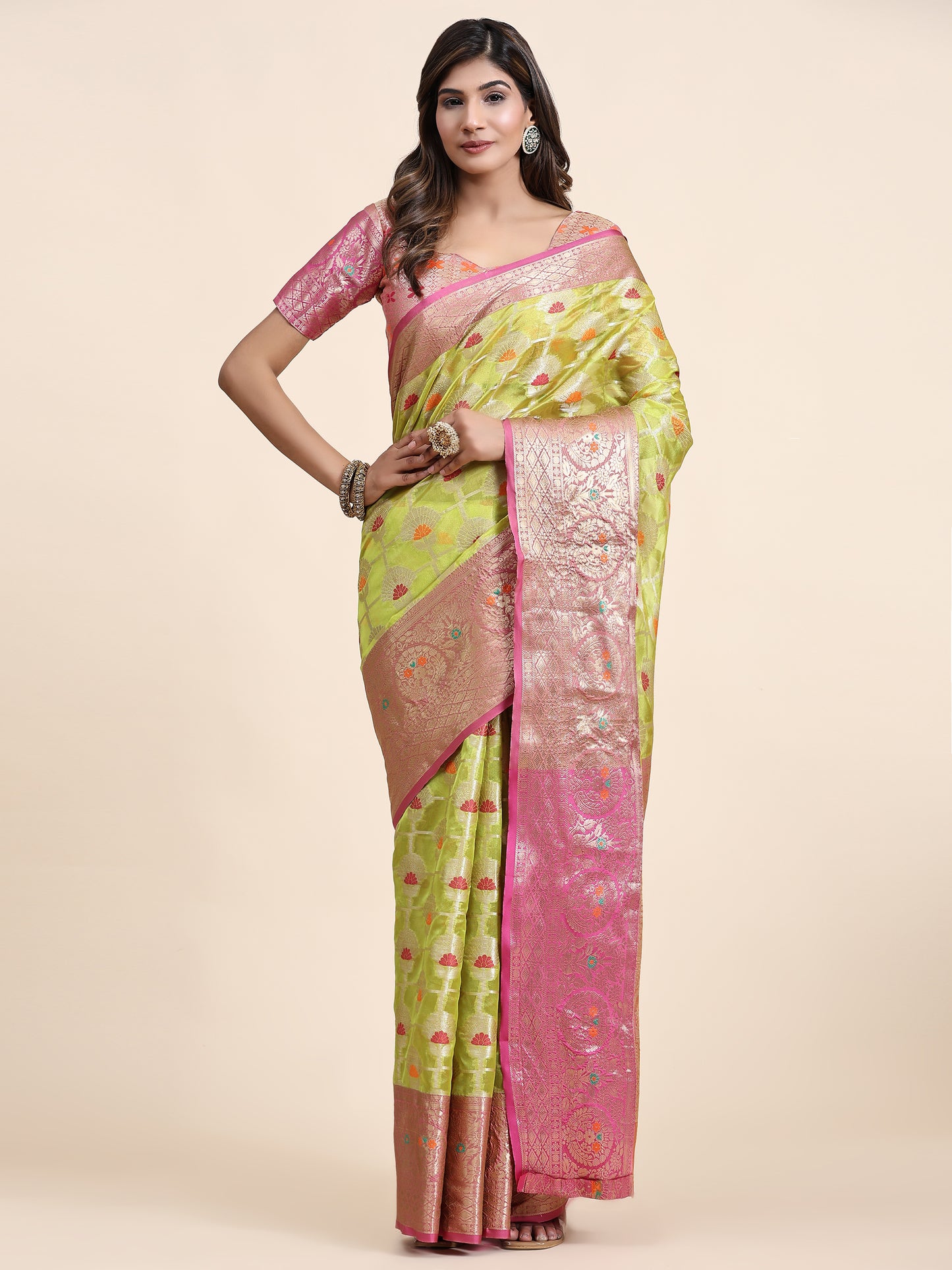 Soft Organza Silk saree with Meenakari  weawing design  and Rich Zari weawing Pallu with  zari weawing  border