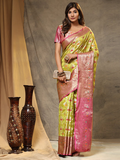 Soft Organza Silk saree with Meenakari  weawing design  and Rich Zari weawing Pallu with  zari weawing  border