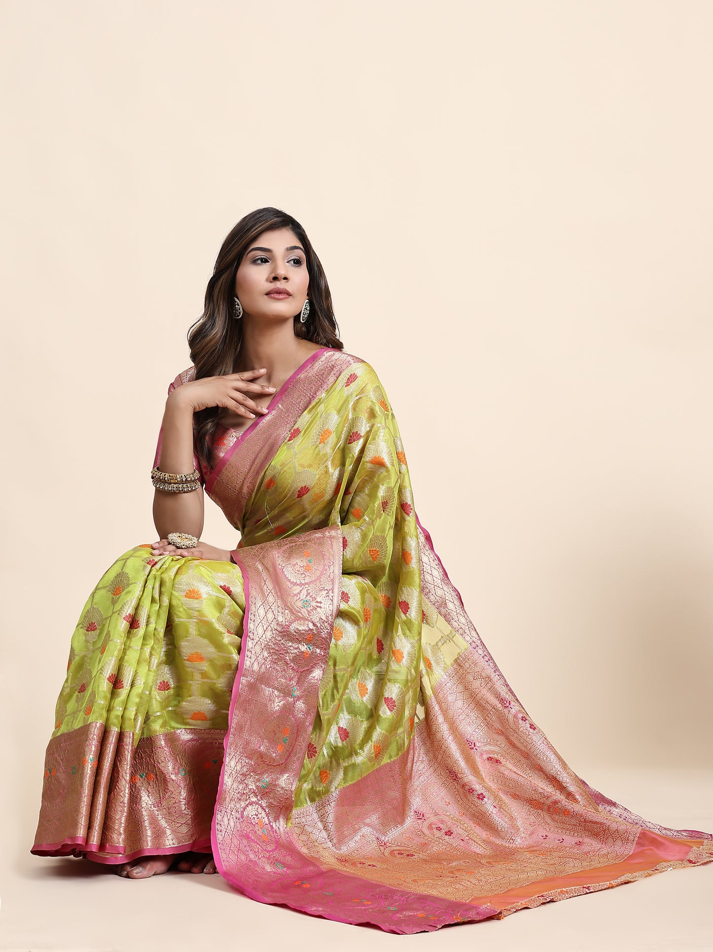 Soft Organza Silk saree with Meenakari  weawing design  and Rich Zari weawing Pallu with  zari weawing  border