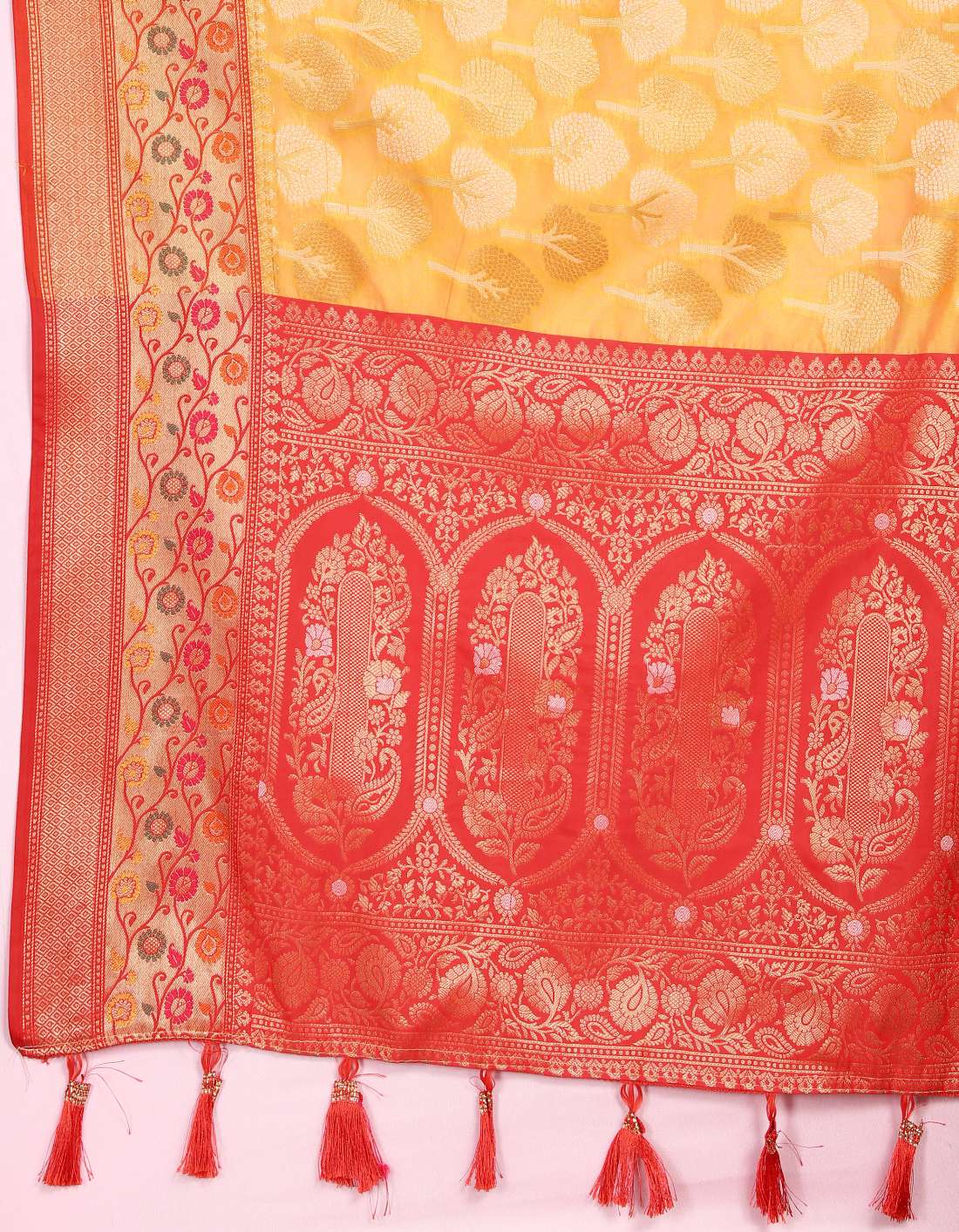 Mustered & Red Color Women’s Zari Woven Designer Soft Organza Silk Saree and Rich Pallu Weawing Unstitched Blouse With Blouse Piece.