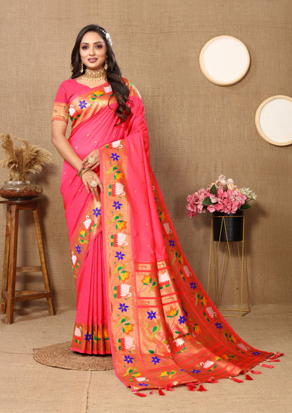 Soft Paithani Silk Saree with Meenakari Weaving Design.