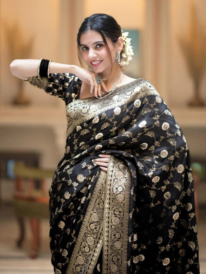KeKoVi Black Banarasi Silk Blend Saree with Rich Silver Zari Woven Border & Unstitched Blouse