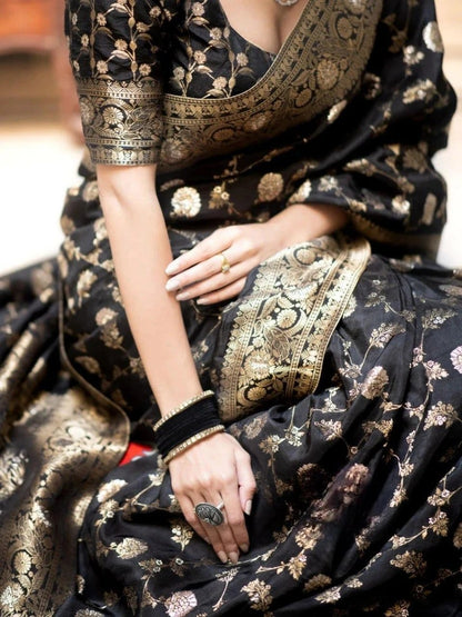 KeKoVi Black Banarasi Silk Blend Saree with Rich Silver Zari Woven Border & Unstitched Blouse