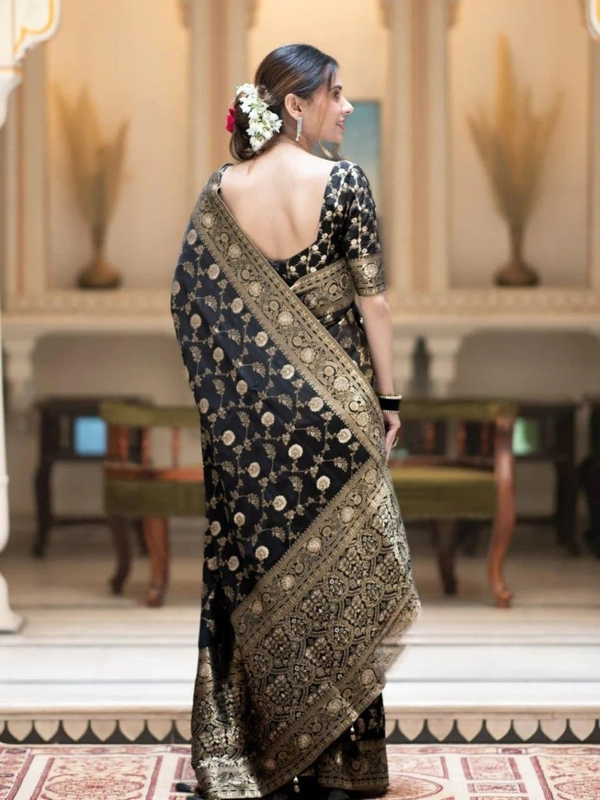 KeKoVi Black Banarasi Silk Blend Saree with Rich Silver Zari Woven Border & Unstitched Blouse