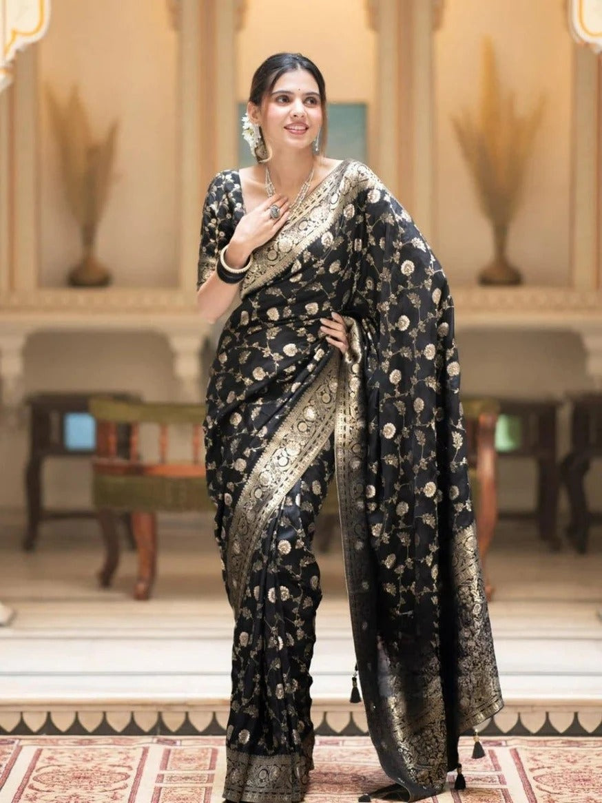 KeKoVi Black Banarasi Silk Blend Saree with Rich Silver Zari Woven Border & Unstitched Blouse