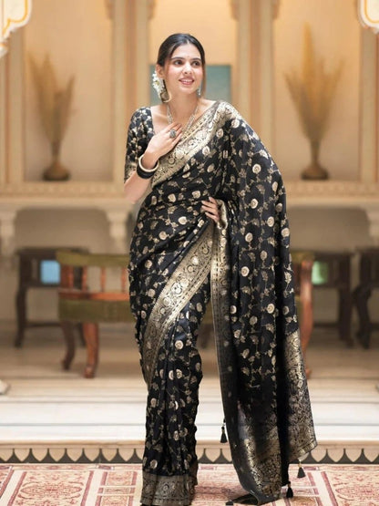 KeKoVi Black Banarasi Silk Blend Saree with Rich Silver Zari Woven Border & Unstitched Blouse