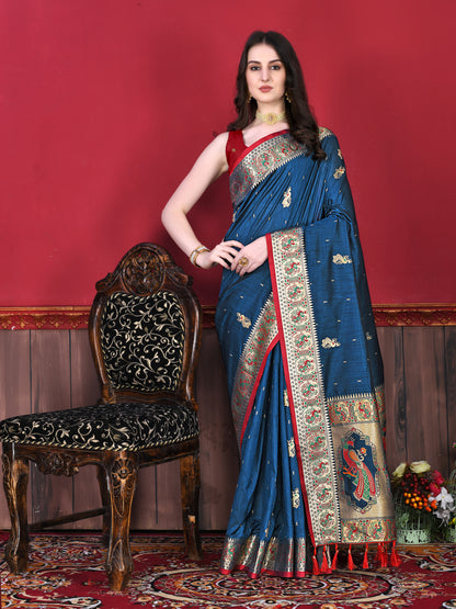 Soft Paithani Silk Saree with Gold Zari Weaving Motifs