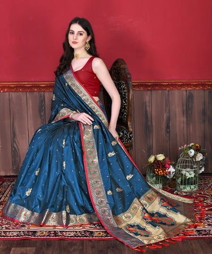 Soft Paithani Silk Saree with Gold Zari Weaving Motifs