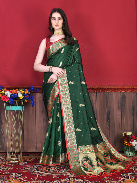 Soft Paithani Silk Saree with Gold Zari Weaving Motifs