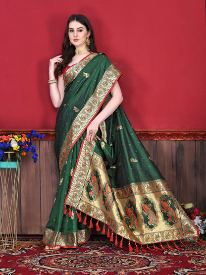 Soft Paithani Silk Saree with Gold Zari Weaving Motifs