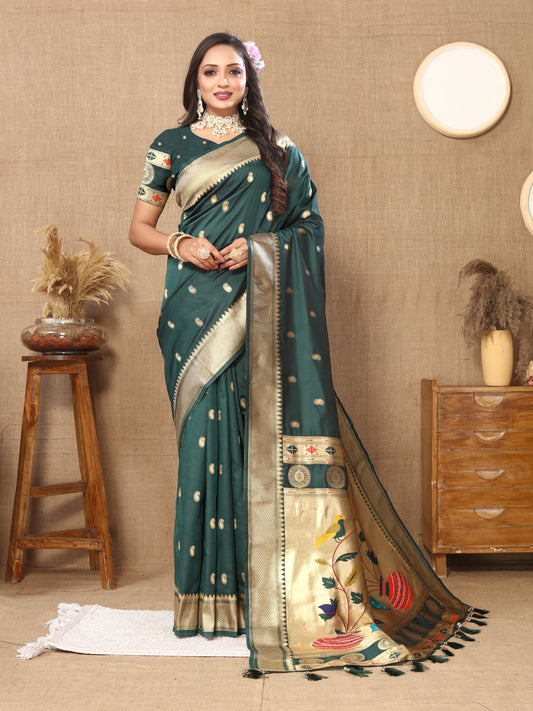 Soft Paithani Silk Saree with Zari Weaving Design.