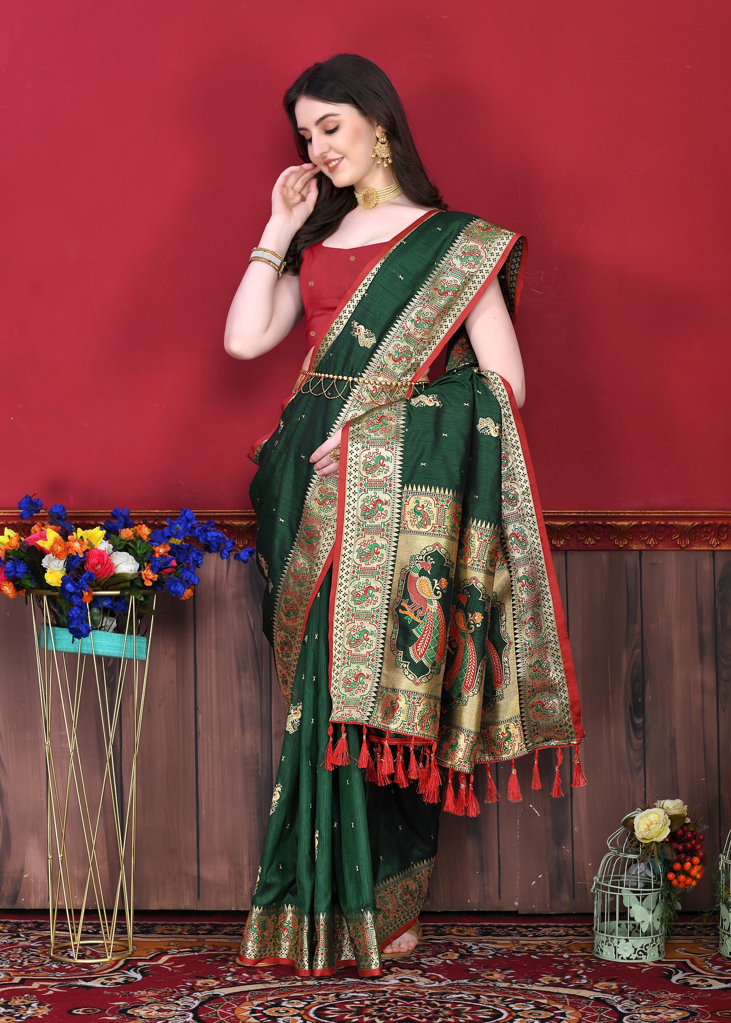 Soft Paithani Silk Saree with Gold Zari Weaving Motifs