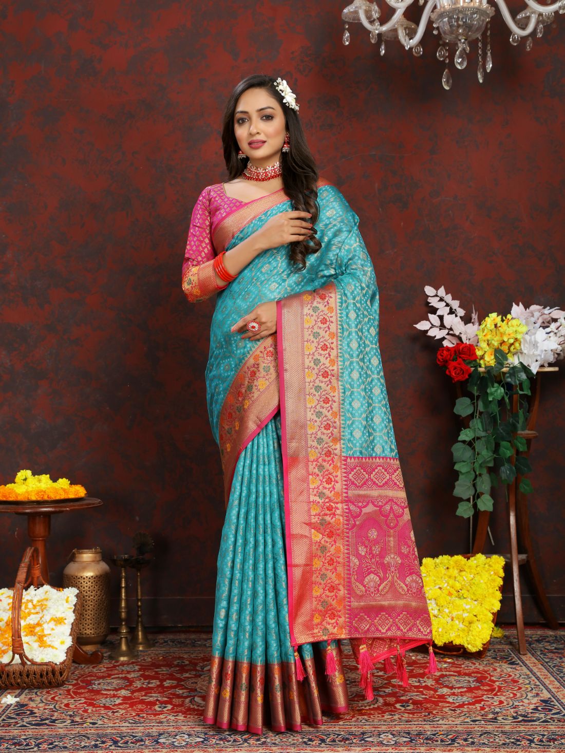 Light Blue & Pink Color Women’s Zari Woven Designer Soft Organza Silk Saree and Rich Pallu Weawing Unstitched Blouse With Blouse Piece.