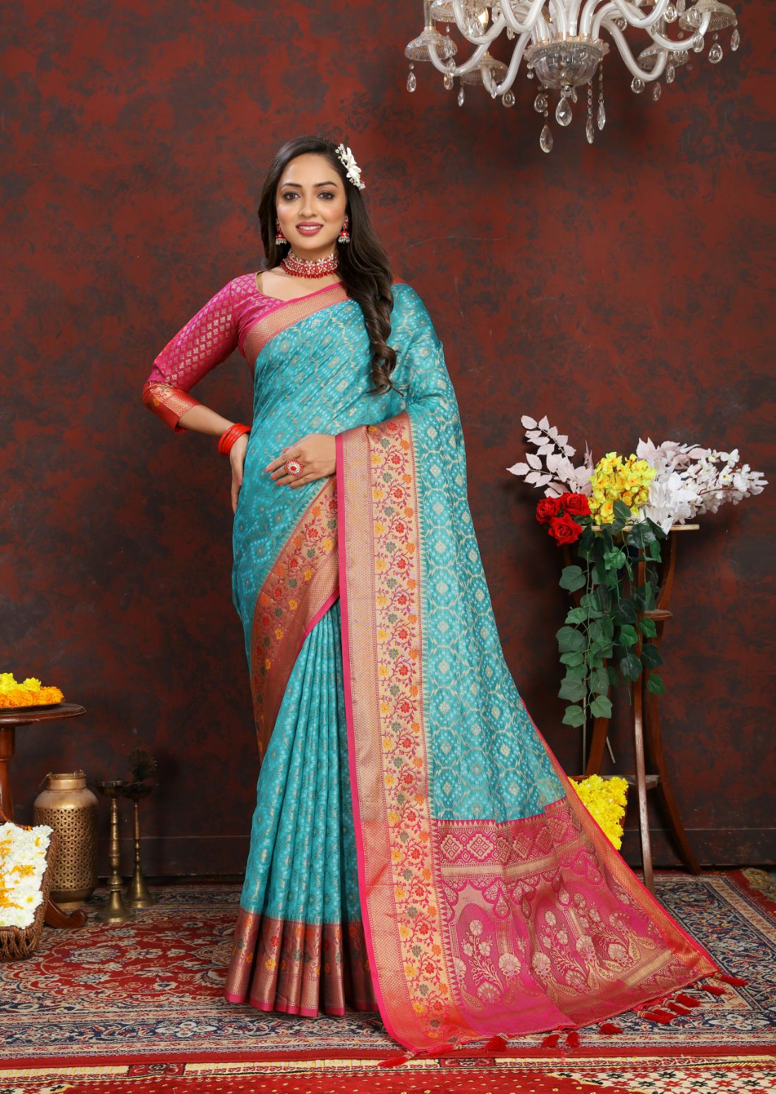 Light Blue & Pink Color Women’s Zari Woven Designer Soft Organza Silk Saree and Rich Pallu Weawing Unstitched Blouse With Blouse Piece.