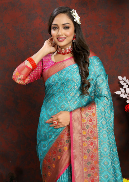 Light Blue & Pink Color Women’s Zari Woven Designer Soft Organza Silk Saree and Rich Pallu Weawing Unstitched Blouse With Blouse Piece.