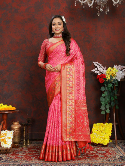 Pink & Red Color Women’s Zari Woven Designer Soft Organza Silk Saree and Rich Pallu Weawing Unstitched Blouse With Blouse Piece.