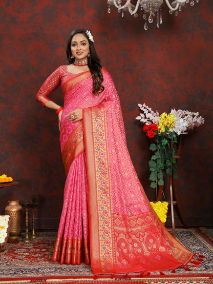 Pink & Red Color Women’s Zari Woven Designer Soft Organza Silk Saree and Rich Pallu Weawing Unstitched Blouse With Blouse Piece.