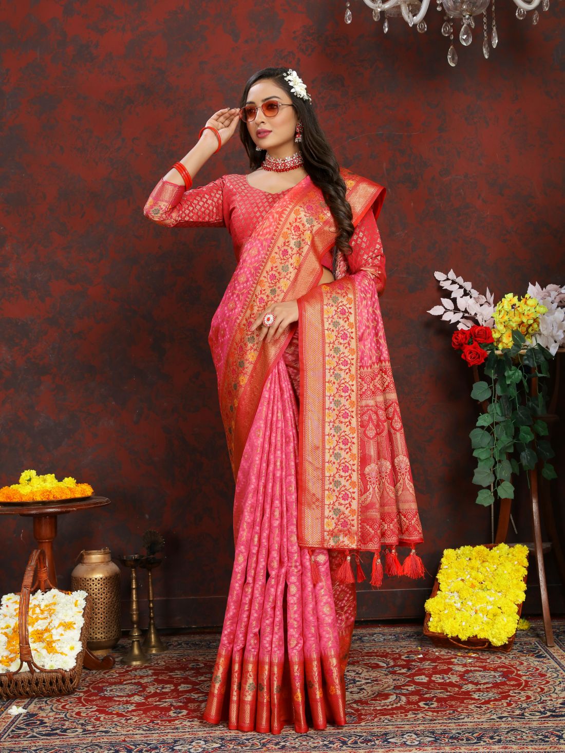 Pink & Red Color Women’s Zari Woven Designer Soft Organza Silk Saree and Rich Pallu Weawing Unstitched Blouse With Blouse Piece.