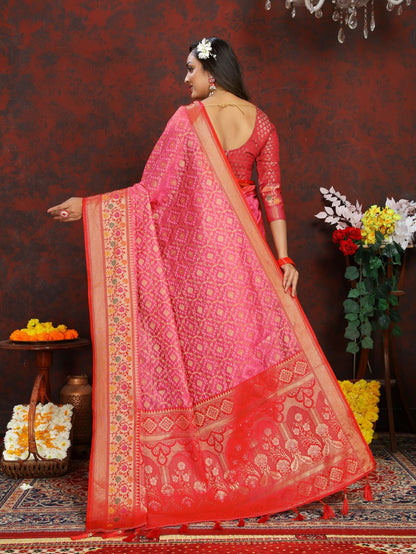 Pink & Red Color Women’s Zari Woven Designer Soft Organza Silk Saree and Rich Pallu Weawing Unstitched Blouse With Blouse Piece.