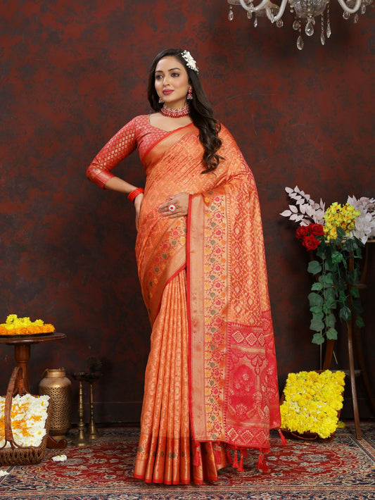 Orange & Red Color Women’s Zari Woven Designer Soft Organza Silk Saree and Rich Pallu Weawing Unstitched Blouse With Blouse Piece.