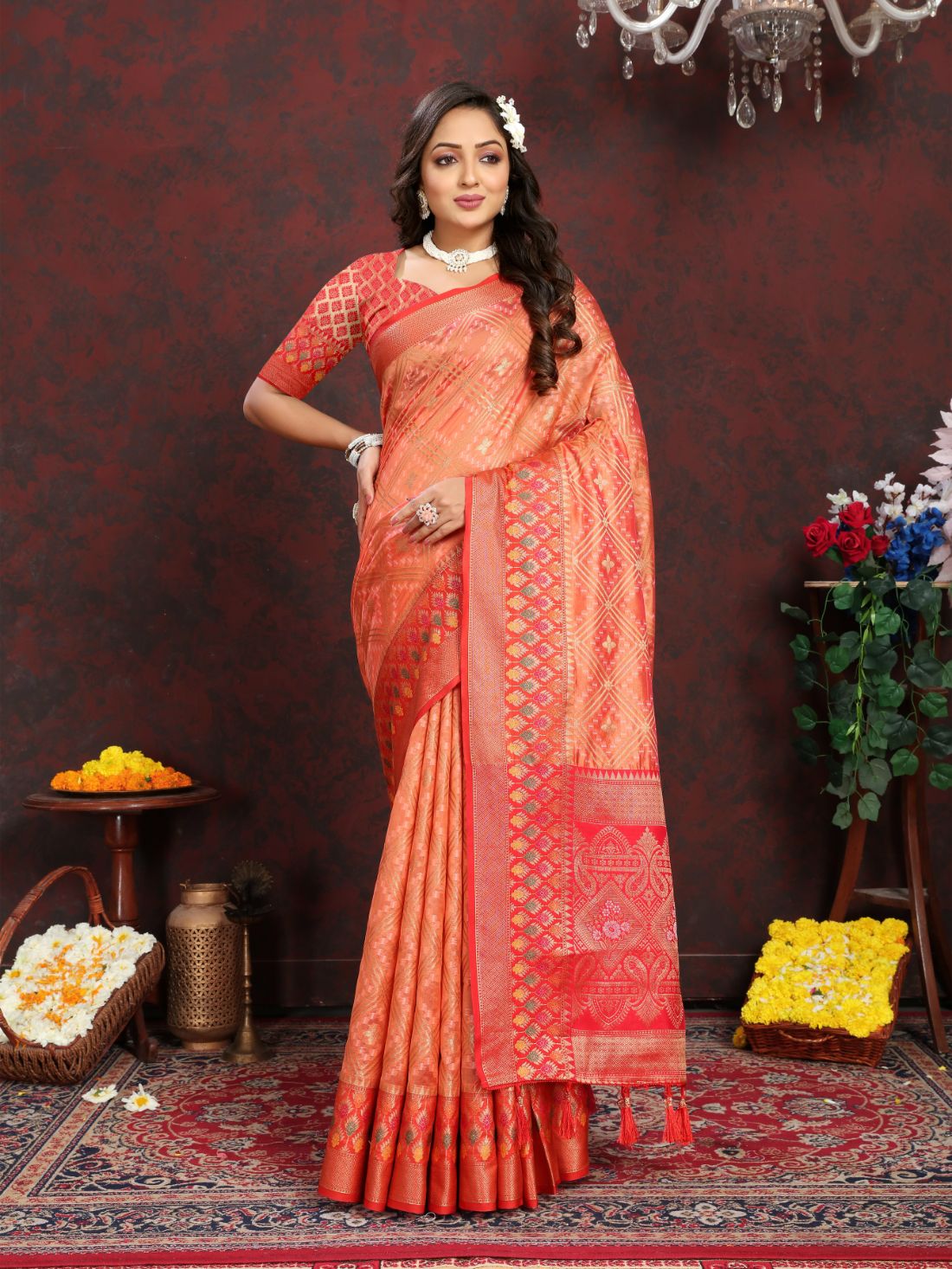 Orange & Red Color Women’s Zari Woven Designer Soft Organza Silk Saree and Rich Pallu Weawing Unstitched Blouse With Blouse Piece.