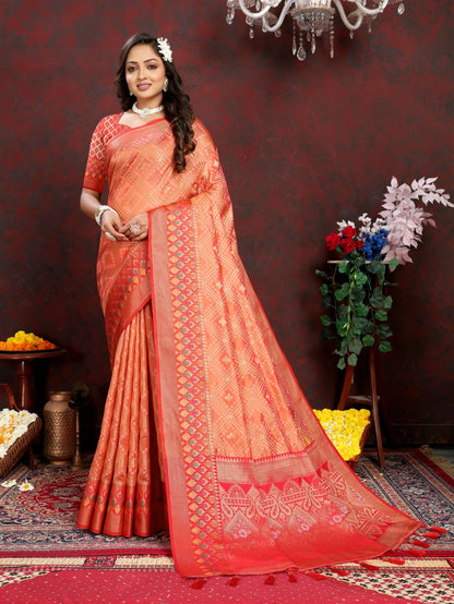 Orange & Red Color Women’s Zari Woven Designer Soft Organza Silk Saree and Rich Pallu Weawing Unstitched Blouse With Blouse Piece.