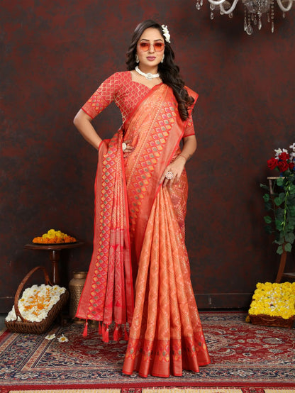 Orange & Red Color Women’s Zari Woven Designer Soft Organza Silk Saree and Rich Pallu Weawing Unstitched Blouse With Blouse Piece.