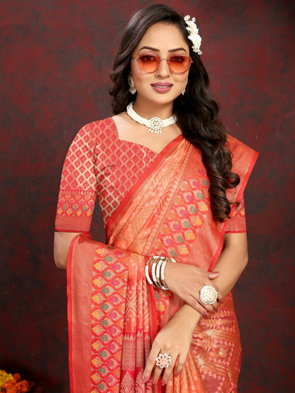 Orange & Red Color Women’s Zari Woven Designer Soft Organza Silk Saree and Rich Pallu Weawing Unstitched Blouse With Blouse Piece.