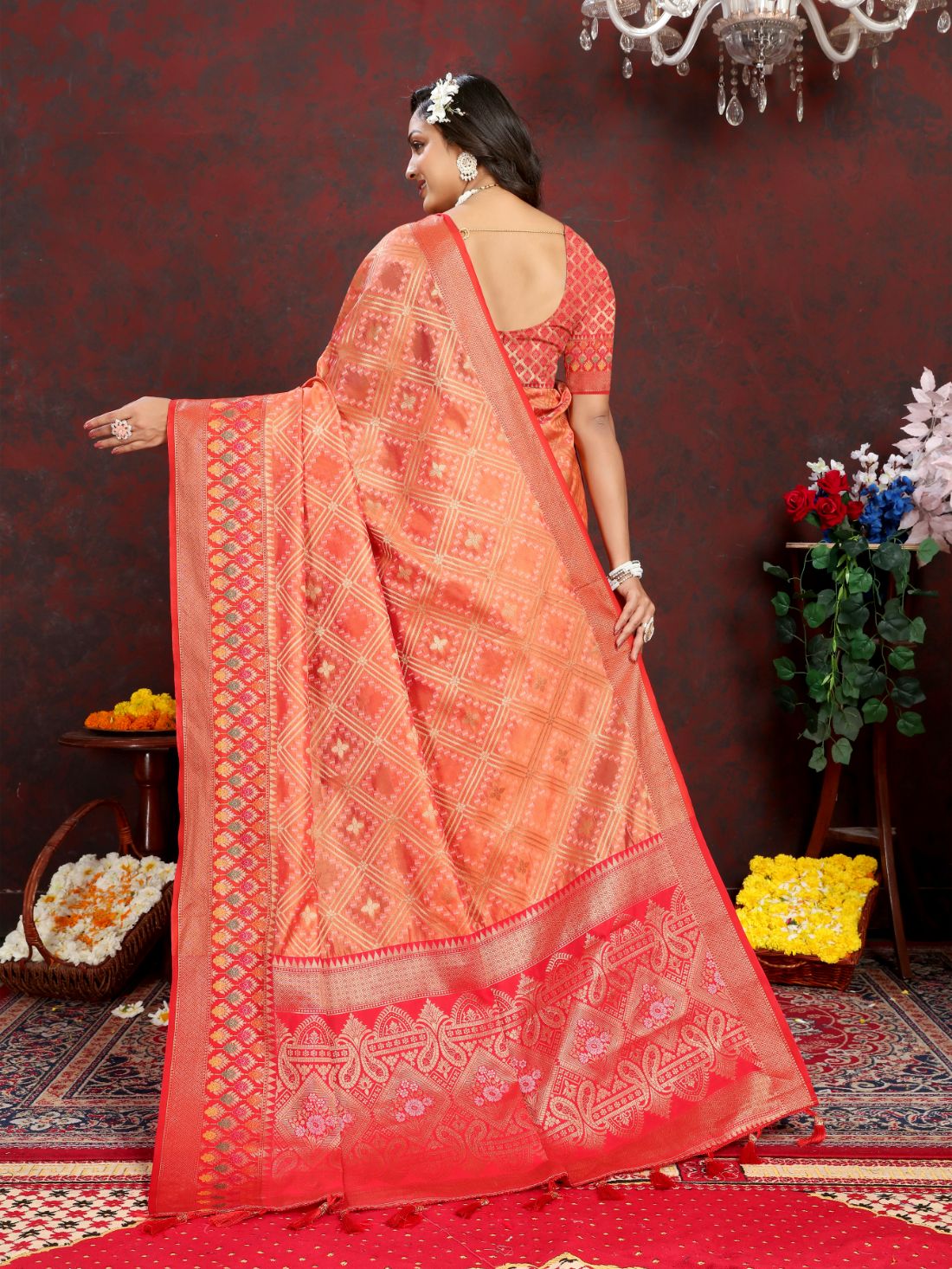 Orange & Red Color Women’s Zari Woven Designer Soft Organza Silk Saree and Rich Pallu Weawing Unstitched Blouse With Blouse Piece.