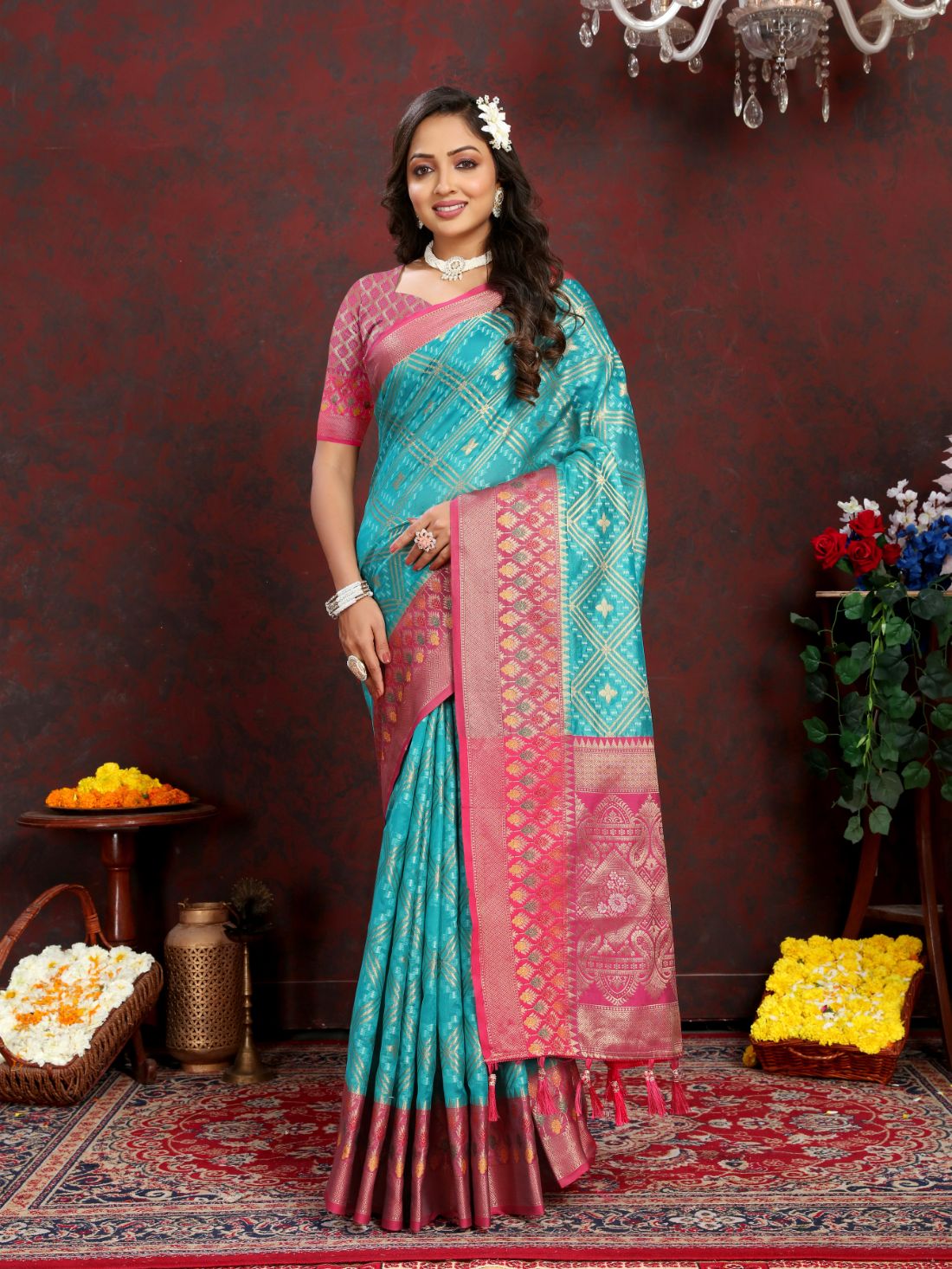 Light Blue & Pink Color Women’s Zari Woven Designer Soft Organza Silk Saree and Rich Pallu Weawing Unstitched Blouse With Blouse Piece.