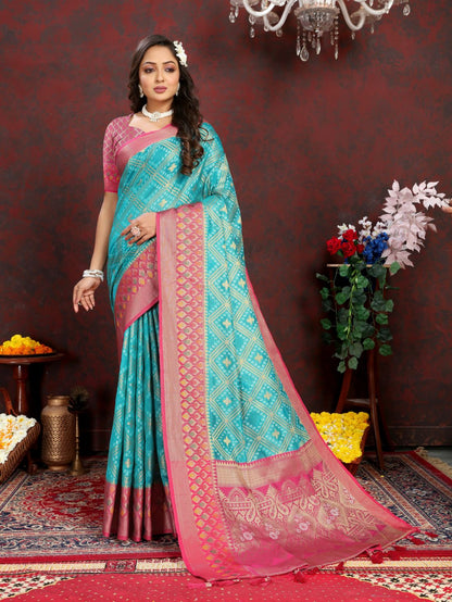 Light Blue & Pink Color Women’s Zari Woven Designer Soft Organza Silk Saree and Rich Pallu Weawing Unstitched Blouse With Blouse Piece.