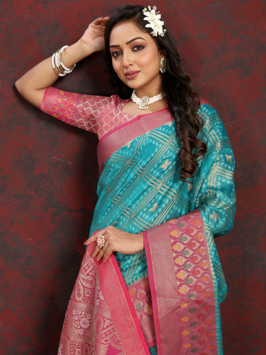 Light Blue & Pink Color Women’s Zari Woven Designer Soft Organza Silk Saree and Rich Pallu Weawing Unstitched Blouse With Blouse Piece.