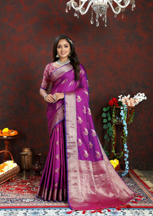 Purple Color Exclusive Soft Silk Zari Woven Work With Rich Pallu and Contrast Border With Tessels Women's Saree with Unstiched Blouse Pieces.