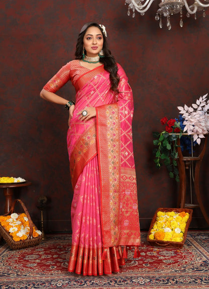 Pink & Red Color Women’s Zari Woven Designer Soft Organza Silk Saree and Rich Pallu Weawing Unstitched Blouse With Blouse Piece.