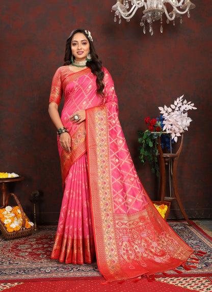 Pink & Red Color Women’s Zari Woven Designer Soft Organza Silk Saree and Rich Pallu Weawing Unstitched Blouse With Blouse Piece.