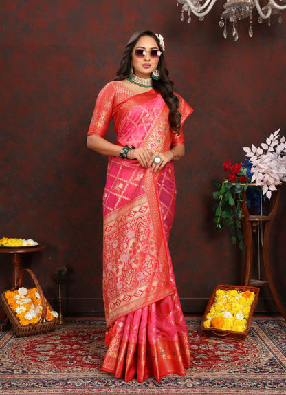 Pink & Red Color Women’s Zari Woven Designer Soft Organza Silk Saree and Rich Pallu Weawing Unstitched Blouse With Blouse Piece.