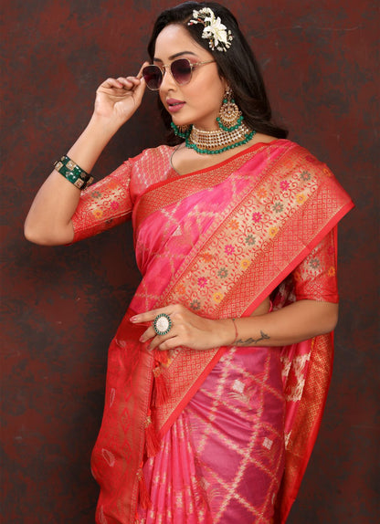 Pink & Red Color Women’s Zari Woven Designer Soft Organza Silk Saree and Rich Pallu Weawing Unstitched Blouse With Blouse Piece.