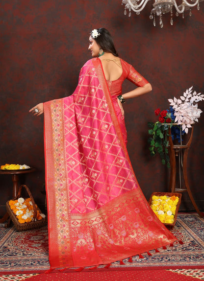 Pink & Red Color Women’s Zari Woven Designer Soft Organza Silk Saree and Rich Pallu Weawing Unstitched Blouse With Blouse Piece.