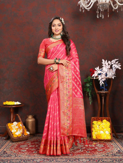 Pink & Red Color Women’s Zari Woven Designer Soft Organza Silk Saree and Rich Pallu Weawing Unstitched Blouse With Blouse Piece.