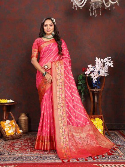 Pink & Red Color Women’s Zari Woven Designer Soft Organza Silk Saree and Rich Pallu Weawing Unstitched Blouse With Blouse Piece.