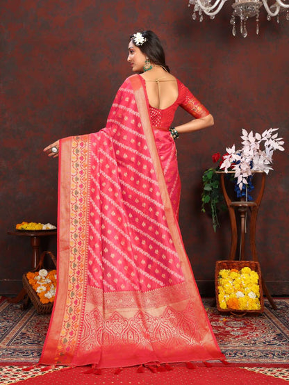 Pink & Red Color Women’s Zari Woven Designer Soft Organza Silk Saree and Rich Pallu Weawing Unstitched Blouse With Blouse Piece.