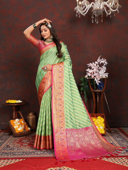 Light Green & Pink Color Women’s Zari Woven Designer Soft Organza Silk Saree and Rich Pallu Weawing Unstitched Blouse With Blouse Piece.