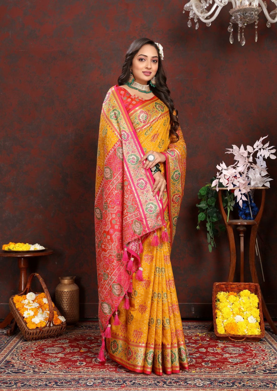 Mustered & Red Women's Soft Patola Silk meenakari weawing motifs with Rich Zari Pallu and contrast border with Tessels.