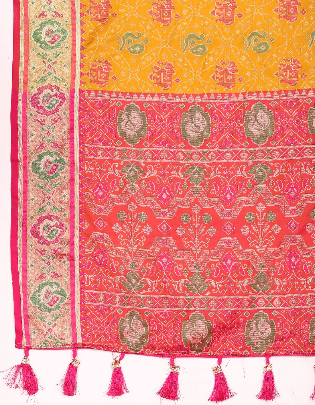 Mustered & Red Women's Soft Patola Silk meenakari weawing motifs with Rich Zari Pallu and contrast border with Tessels.