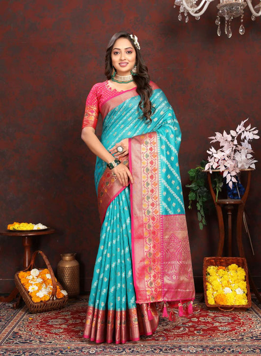 Light Blue & Pink Color Women’s Zari Woven Designer Soft Organza Silk Saree and Rich Pallu Weawing Unstitched Blouse With Blouse Piece.