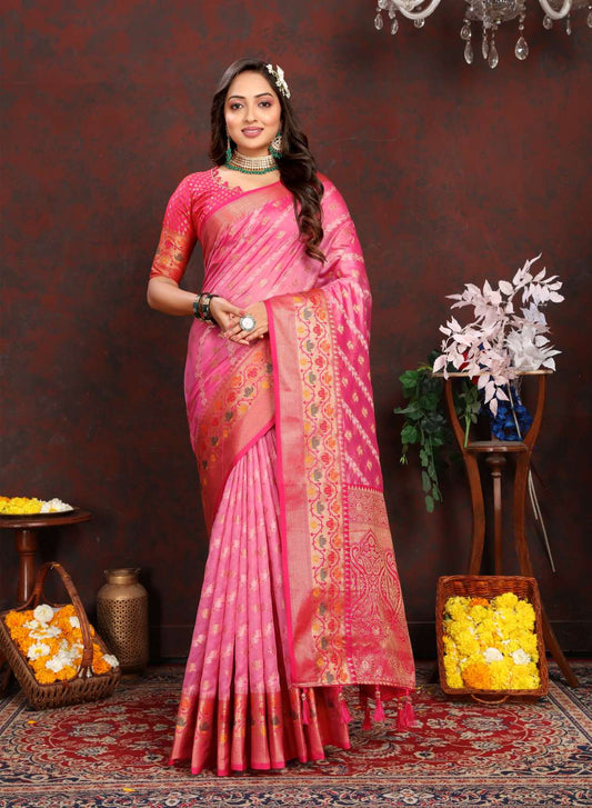 Light Pink & Red Color Women’s Zari Woven Designer Soft Organza Silk Saree and Rich Pallu Weawing Unstitched Blouse With Blouse Piece.