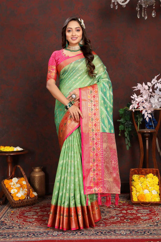 Light Green & Pink Color Women’s Zari Woven Designer Soft Organza Silk Saree and Rich Pallu Weawing Unstitched Blouse With Blouse Piece.